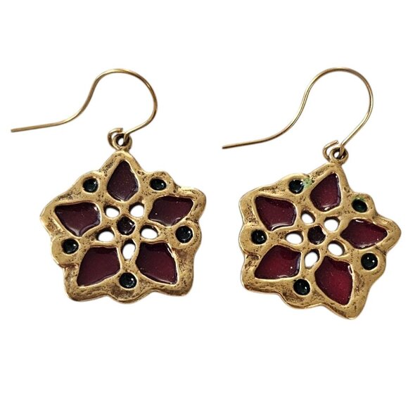 MMA Plique-A-Jour Style French Hook Poinsettia Earrings, Signed L514 - Picture 11 of 11